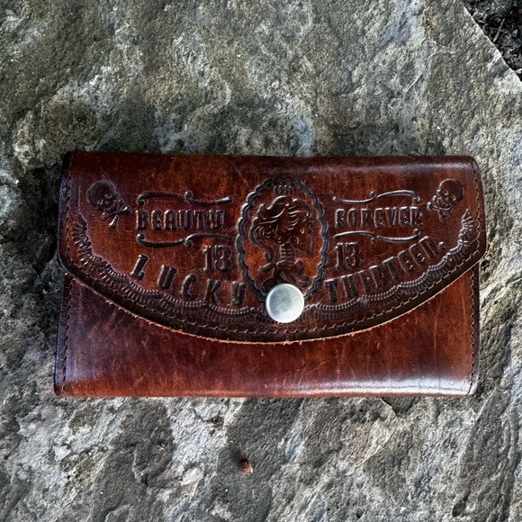 Lucky Thirteen Biker Style Leather Wallet Brown with Checkbook Insert - Picture 4 of 5